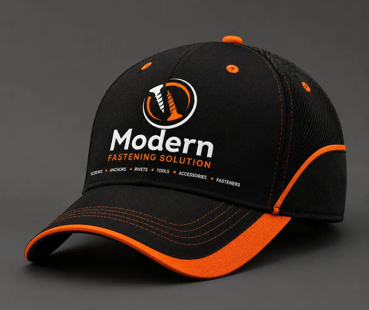 Black and orange Modern Fastening Solution branded cap with embroidered logo