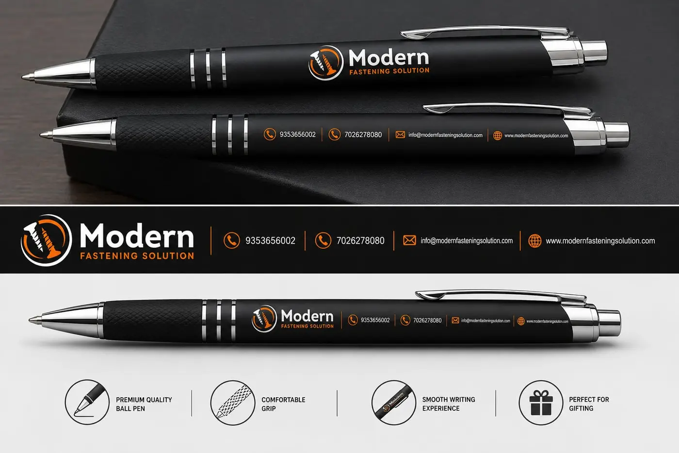 Black Modern Fastening Solution ball pens printed with the logo and contact details