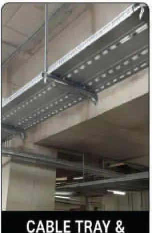Cable tray suspended beneath a concrete soffit