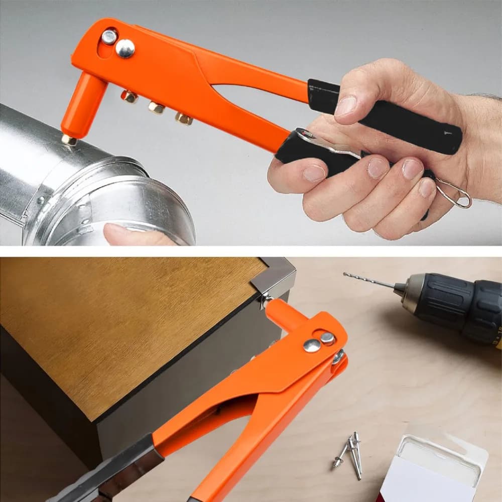 A rivet gun being used to set blind rivets in a sheet metal assembly