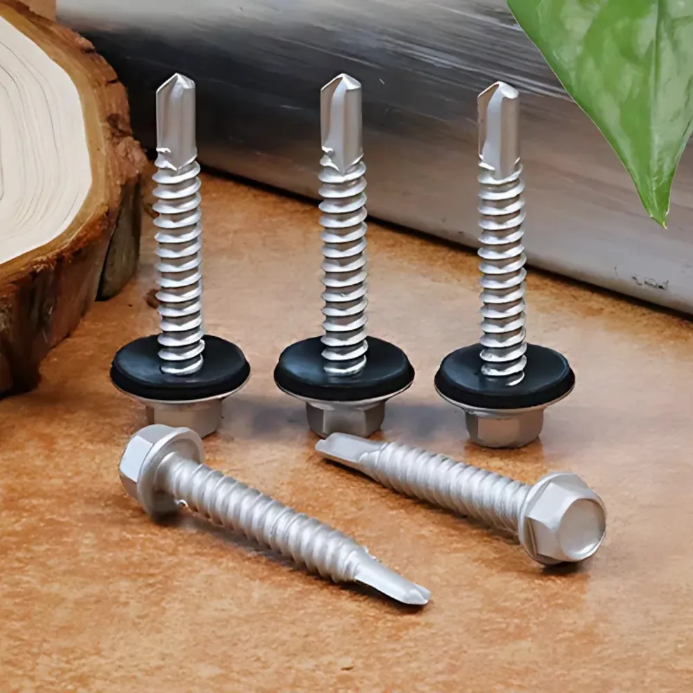 A self drilling screw being driven through profiled metal roofing sheet into the supporting purlin