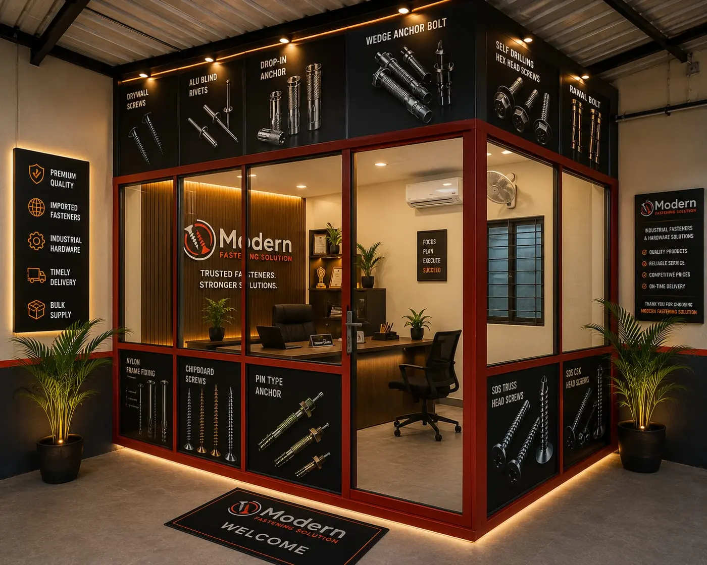 Design visual of the glass-fronted sales office with product boards above