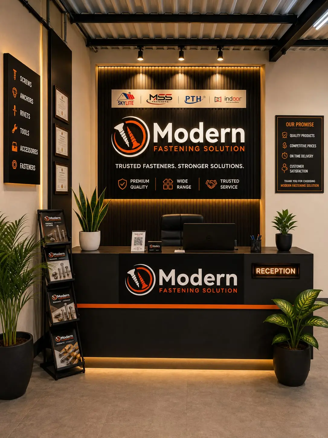 Design visual of the Modern Fastening Solution reception desk with the brand wall behind it